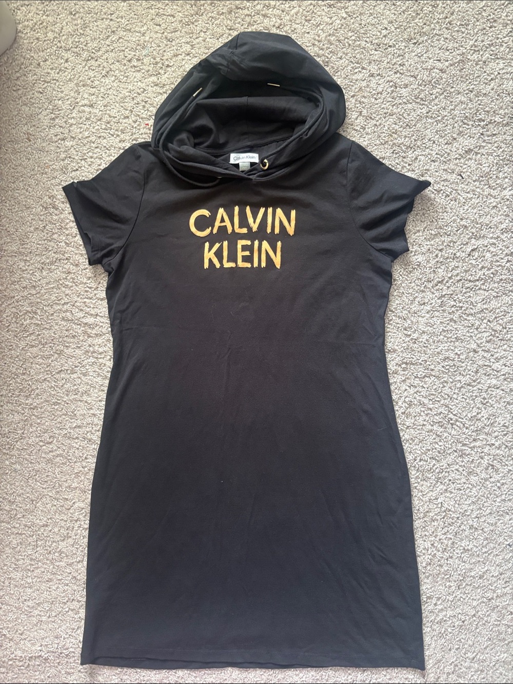 🔥Calvin Klein Black Hooded Logo Tee Dress with Gold Lettering